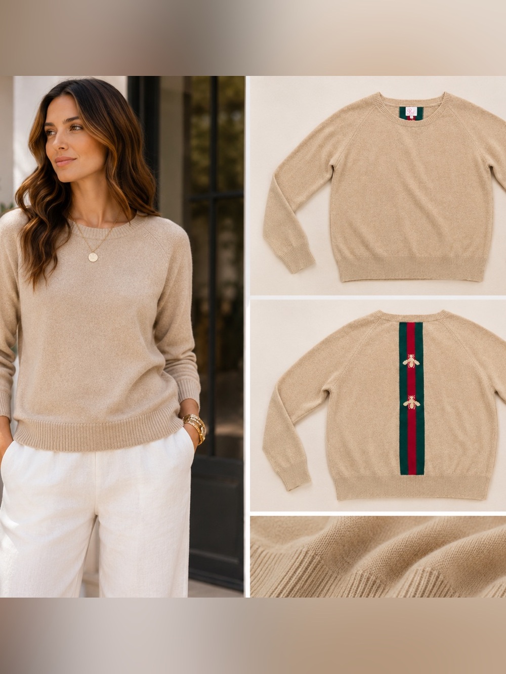 PINK PINEAPPLE - Taupe Cashmere Sweater with Pattern on Back NWT
